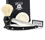 Hand Assembled Sophist Collection Elegantly Designed White Badger Hair Shaving Brush With Straight Cut Throat Razor,Shaving Soap & Pack Of Shaving Blades Traditional Straight Shaving Razor, Using Half Blade.
