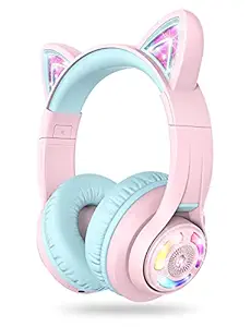 iClever Cat Ear Bluetooth Headphones RGB LED Light Up Over Ear with Microphone, 74/85/94dB Volume Limiting Comfort Foldable Wireless Headset for PC/Tablet/iPad/TV Kids Girls & Boys Teens, BTH13 Pink