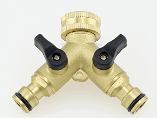 2 Teile Set: Y- Verteiler und Schlauchkupplung mit Wasserstop. Verteiler 3/4“ IG mit Steckverbindung 1/2 Zoll Ausgänge mit 2 Kugelhähne. 2-Wege-Ventil für Gartenschlauch. Y-Verteilerstück - 4