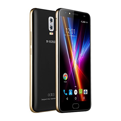 M-HORSE Power 2 4G 6000mAh Smartphone Ohne Vertrag 2GB RAM + 16GB ROM Rear Dual Kameras (8MP+2MP) / Frontkamera 5MP 5.5 Zoll HD IPS Bildschirm Dual SIM mit Frontblitz Fingerabdruck 5G Wifi - Schwarz mit goldenem Rahmen