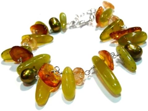 GOLDMAJOR Sterling Silver and Amber Bracelet with Citrine Chips and Fresh Water Pearl Elements of 19.5cm