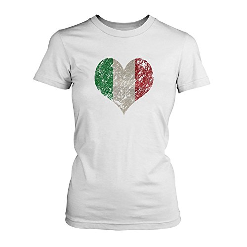 Fashionalarm Damen T-Shirt – I Love Italy | Fun Shirt Trikot mit Vintage Flagge Print für Fußball & Italien Fans | Mittelmeer Urlaub | EM & WM, Farbe:weiß;Größe:M