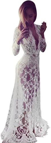 Sunday Women Dress Beach Dress Swimwear Long Sleeve Lace Chiffon Crochet Bikini Cover Up Bathing Suit V-Neck Maxi Dress (S, White)