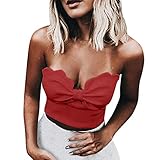 NPRADLA 2019 Frühling Sommer Shirt Damen Einfarbig Bow Knot Trägerlose Weste Ärmelloses Trägershirt Crop Bluse Bandeau(Rot,M/36)
