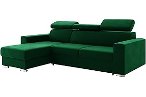‎MEBLINI MEBLINI Schlafcouch mit Bettkasten - Ecksofa mit Schlaffunktion - Sofa mit Relaxfunktion und Kopfstützen - Couch L-Form - Eckcouch - Wohnlandschaft - Voss - 242x168x79cm Links - Grün Samt