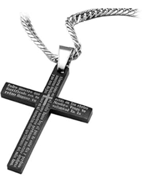 Neu Edelstahl Schwarzer Vater Unser Kreuzanhänger mit Spanischer Inschrift & Gratis Kette – Länge 60 cm – Gratis...