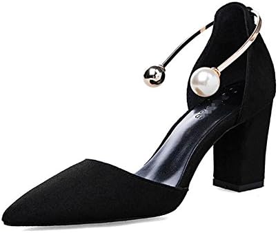 Shoes Women Thick High Heels Hollow Suede Leather Closed Toe Wedding Stage Party Work Nightclub Casual Pearl Metal Sandals . Black . 34