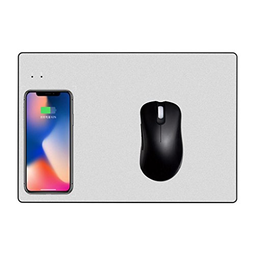 Preisvergleich Produktbild Wireless Ladegerät Mauspad, Gusspower Qi Kabelloses Charging Induktionsladegeräte 2 in 1 Luxus Gaming Mouse Pad Mat für iPhone X 8 Plus Samsung Galaxy S8 Plus S7 Edge Nexus und Alle Qi-Fähige Geräte (Silber)