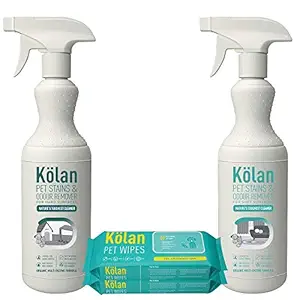 Kolan Eco-Friendly Pet Wipes 100% Biodegradable Fabric + Pet Stains & Odour Remover for Hard and Soft Surfaces ? Fragrance Free Grooming Wet Wipes for Dog | Cat | Puppies | Rabbit | Small Pets ? Eco-Friendly Organic Multi Enzyme Formula | Suitable for All Water Safe Hard and Soft Surfaces, 2 x 60 Count + 2 x 23.67 fl oz / 700 ml, Variety Pack