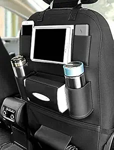 JAMUNESH Car Back Seat Storage Organizer - PU Leather Car Seat Back Protection [7 Separate compartments] Universal Multi Pocket Backseat Storage Hanger for Mobiles,Bottles,Magazines,Tissue Box - Black