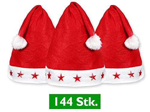Preisvergleich Produktbild Alsino 144 Stück Weihnachtsmützen Nikolausmützen Rot mit Leuchtsterne