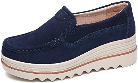 Lakerom Women's Slip On Loafers Platform Comfort Suede Moccasins Wide Low Top Wedge Shoes Work Shoes LRWO0088-Dark blue-36