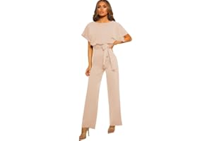 Haibang Mono Mujer Verano Elegante Jumpsuit Largo de Manga Corta Cuello Redondo Slim Pantalones de Pierna Ancha Una Pieza Color Liso Monos de Vestir Suelto Rompers Playsuit con Cinturón