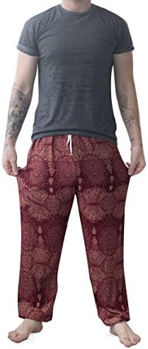 Lanna Mens Thai Yoga Pants - Traditional Baggy Rayon Harem Trousers - Casual Martial Arts, Gym, Festival &amp; Lounge Wear With Drawstring Waist &amp; Hippy Raindrop Design