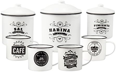 Set of 4 Vintage Enamelled Cups for Coffee/Tea/Infusions and 3 Vintage Enameled Storage Containers for Harina (Flour), Sal (Salt) and Pimienta (Pepper)