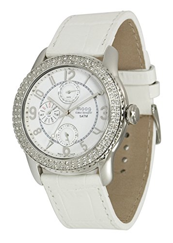 Moog Paris Time Keeper Damen Uhr mit Weißem Zifferblatt, Swarovski Elements & Weißem Armband aus echtem Leder – M44732-001
