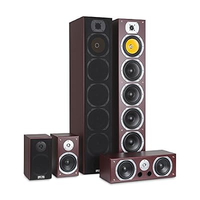 auna V9B Surround • Set 5 Enceintes • Système de son surround • Système Home Cinéma • Châssis Bass Reflex texturé • 400 Watt RMS • Réponse en fréquence: 20 Hz à 20 kHz • Montage mural • Acajou