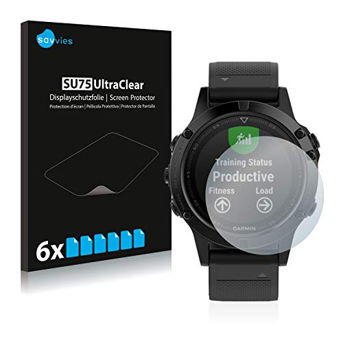 savvies Protector Pantalla Compatible con Garmin Fenix 5 (47 mm) / 5 Plus (47 mm) (6 Unidades) Pelicula Ultra Transparente