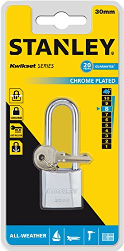 STANLEY Solid Brass Chrome plated Vorhangschloss 30mm mit hohem Bügel, 3 Schlüssel, S742-015, Schloss, Bügelschloss - 3