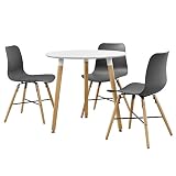 [en.casa] Juego de comedor - mesa blanca (redonda- ø80cm) con 3 sillas de diseño - set de sillas de estilo retro (gris) con estampado