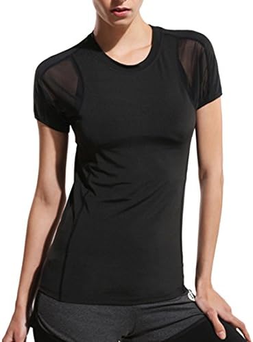 AEROBIC Women Sportwear Quick Dry Running Yoga Short Sleeve Performance T-Shirt Black Small