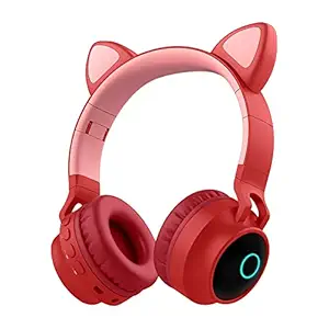 WK LIFE BORN TO LIVE K9 Kids Headphones with Mic for Birthday Gift Girls Boys Cat Ear Bluetooth, Foldable LED Light Up Headphones Over On Ear for Online Learning School Red