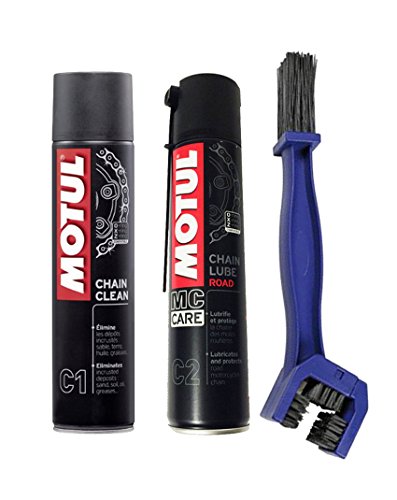 Motul Kit nettoyant lubrifiant de chaîne Chain Clean C1 + Chain Lube Road C2 + brosse