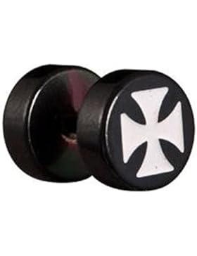 Ohr Fake Plug EISERNES KREUZ schwarz Eloxiert Chirurgenstahl Disc durchmesser 8mm stab länger 6mm