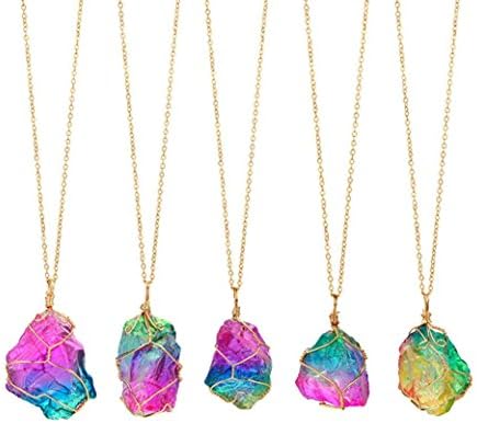 Hukz Rainbow Stone Natural Crystal Rock Necklace Gold Plated Quartz Pendant Handmade Creative Gifts! (Random Color)
