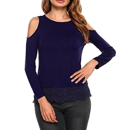Preisvergleich Produktbild Damen Oberteile,DOLDOA Damen Rundhals Schulterfrei Spitzen Patchwork Langarm Top Bluse Pullover (EU: 38, Blau,Schulterfrei Spitzen Patchwork Oberteile)