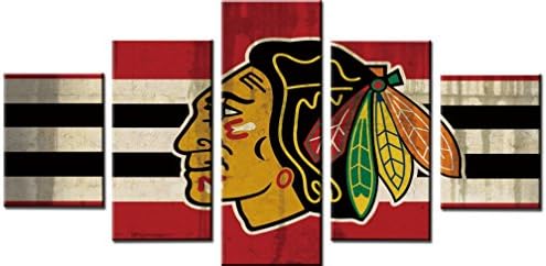 OBELLA New Top Canvas Pictures Prints Wall Art 5 Pieces Panels || Chicago Blackhawks || Modern Contemporary Posters Oil Paintings Prints and Pictures Photo Image Wall Art Prints on Canvas Painting for Home Bedroom Living Room Wall Decor Christmas Gifts Decoration - Frameless