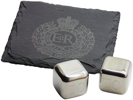 The Luxury VaultRoyal Engineers Slate Drinks Coaster and Personalised Custom Engraved Magic Steel Ice Cubes Gift Set Army Military Crest Badge Drinking Bar Set