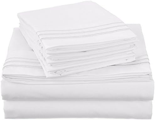Superior 3000 Series Super Soft and Wrinkle Resistant Microfibre 6-Piece Bed Sheet Set with 3-Line Embroidery in Gift Box, Eastern King, White with White Embroidery