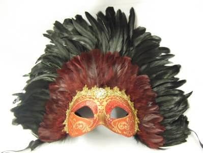 Red, Black and Gold Feathered Venetian mask ~ Masqurade ~ #802nrbd