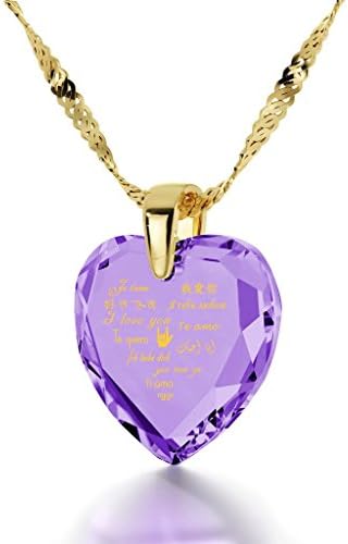 NanoStyleRomantic Heart Pendant for Women I Love You Necklace 12 Languages Pure Gold Inscribed Heart-Shaped Purple Cubic Zirconia Anniversary Present for Wife, 18" Gold Plated Silver Chain