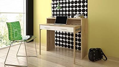 Skraut Home Bureau Comfort Home innovation - bureau informatique console extensible, table d´appoint de studio pour ordinateur, 2 tiroirs, blanc et chêne clair brossé, dimensions : 98,6x86,9x36- 70 cm de profondeur