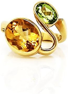 14ct Solid Yellow Gold Fire and Green Citrine Cocktail Bezel Set Statement Ring