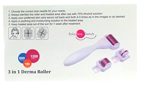 Babyface Beauty® 3 in 1 Professional Grade Titanium Microneedle 540 Derma Needle Roller Precision Rolling with Fast, Dramatic Results, Treating Acne Scars, Skin, Hair Loss, Wrinkles, Blackheads, Lines, Sun Damaged, Ageing- Daily Care Product, Reducing Blemishes, Scars, Potholes, Cellulite, Stretchmarks, Uplifting, Whitening, Regeneration. For Home Use Size 0.5mm, 1.0mm, 1.5mm ALL IN 1 BOX