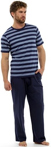 Mens Soft Comfy Two Tone Light Grey and Blue Striped T Shirt Round Neck Top with Plain Baggy Trousers Jersey Pyjama Set XL
