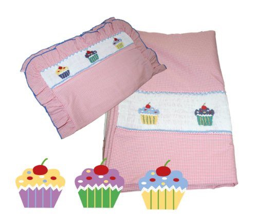 Baby Girl Gingham Hand Embroidered Smocked " Cup Cake" Bed Set.Duvet Cover+Pillow Case. 100% Cotton