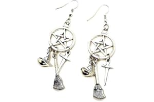 ECLECTIC SHOP UK LTD Pentacle Earrings Drop Dangle Sorting Hat Broom Athame Earrings Wiccan Pagan Witch Earrings Quirky Fun