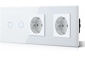 BSEED 2 Gang 1 Vía Interruptor de Luz con Doble Schuko Enchufe, Enchufe Estándar con Interruptor de Luz Táctil de Cristal, 228mm Blanco