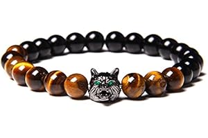 Branets Bracelet Pierre Oeil de Tigre, Bracelet Pierre Naturelle 8mm, Bracelet Pendentif Tête de Loup Bijoux pour Hommes et Femmes