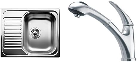 Blanco Tipo 45 S Mini Kitchen Sink Stainless Steel+Schnee & Berg MARETA Single-Lever Kitchen Sink Mixer Tap, Solid Stainless Steel, Pull-Out Spray, High Pressure, 696025
