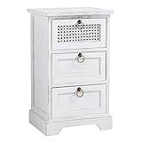 Die Nachtkommode verfügt über 3 Schubladen, die obere sieht durch das Geflecht aus Naturrattan sehr dekorativ aus