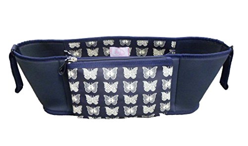 Pink Lining Pram/Stroller Buggy Organiser Bag- Butterflies On Navy Includes Velcro Straps And A Detachable Purse Section