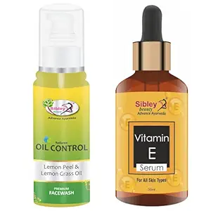 Sibley Beauty Vitamin E Face Serum ( 1 x 50 ml ) + Oil Control Lemon Peel & Lemongrass Oil Face Wash ( 1 x 100 ml ) - Pack of 2 - for Men Women Boys Girls Oily Normal Dry Combination Skin