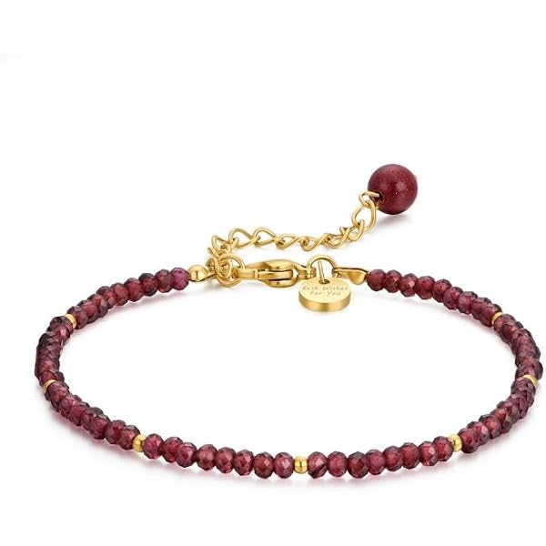 Bracelet Femme En Grenat Rouge - Perles Naturelles & Plaqué Or 18 Carats - Chaîne Ajustable - Fait Main - Cadeau élégant - 3