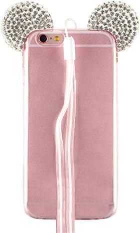 Soft TPU Case for iPhone 6/6s, Tping 3D Diamond Bling Cute Ear Design Transparent Back with Lanyard Phone Protective Cover Shell for Apple iPhone 6/6S 4.7 Inch + Luminous Dust Plug (White)