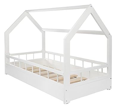 Velinda Lit maison cabane 2 en 1 avec barreaux, chambre d'enfant, bois naturel 160x80 cm (blanc)